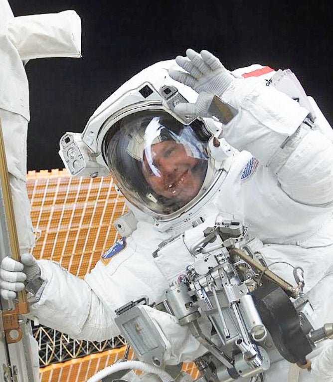 Astronaut Tom Jones during one of his three spacewalks on Space Shuttle mission STS-98 in February 2001 which activated the U.S. Destiny Laboratory, the historic scientific centerpiece of the International Space Station.