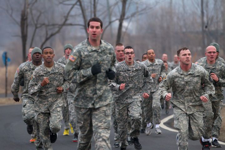 U.S. Army soldiers run during an air assault training course in Dongducheon, South Korea.