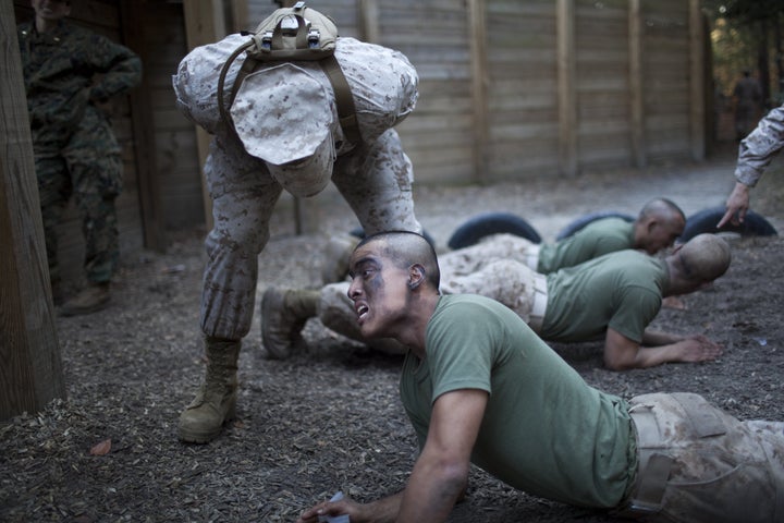 U.S. Marine Corps drill instructors put new recruits through their paces on Parris Island, South Carolina.