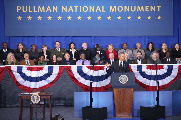President Barack Obama speaks to guests at Chicago's Gwendolyn Brooks College Preparatory Academy on Feb. 19, 2015. Obama used the event to designate Chicago's historic Pullman District a national monument.