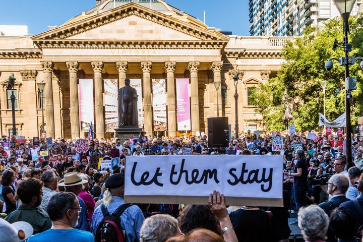 Protestor gather in Melbourne after the High Court of Australia rejected a challenge to the government's right to hold asylum seekers on Manus Island and Nauru in February.