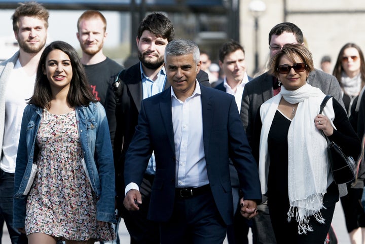 Sadiq Khan arrives with his wife Saadiya, family and aides on Thursday