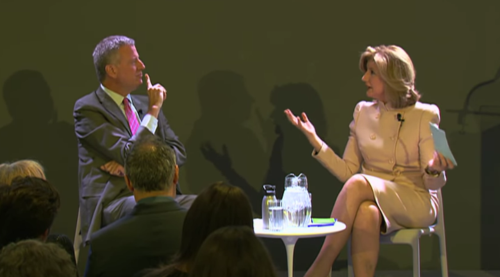 New York Mayor Bill de Blasio and Huffington Post Editor-in-Chief Arianna Huffington at an event Monday at the Civic Hall tec