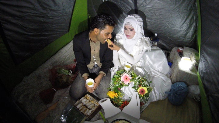 Volunteers brought food, drinks and flowers to celebrate with the couple on their big day.