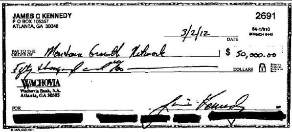 One of two $50,000 checks written by James Cox Kennedy to the Montana Growth Network.