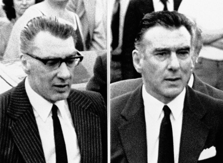 Ronnie (left) and Reggie Kray at the funeral service for their mother Mrs Violet Kray in Chingford, North East London in 1982