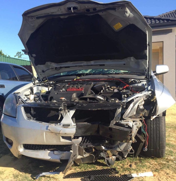 A photo of the car in the video after the crash, from the Facebook page for Dashcam Owners Australia.