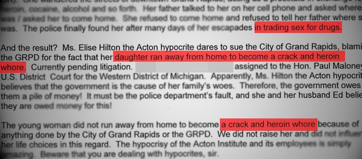 An excerpt from the email Elise Hilton says a Grand Rapids city attorney wrote about her daughter.