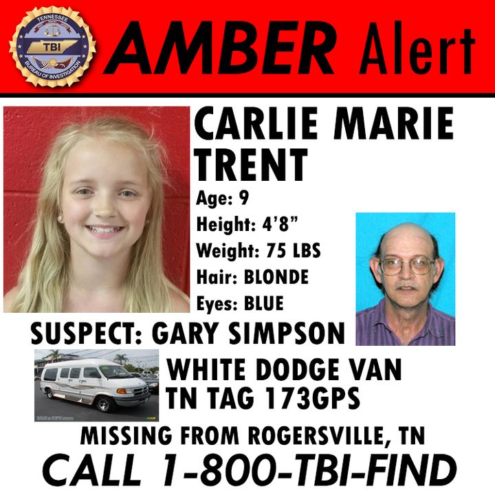 Gary Simpson, 57, is suspected of kidnapping his 9-year-old niece, Carlie Trent.