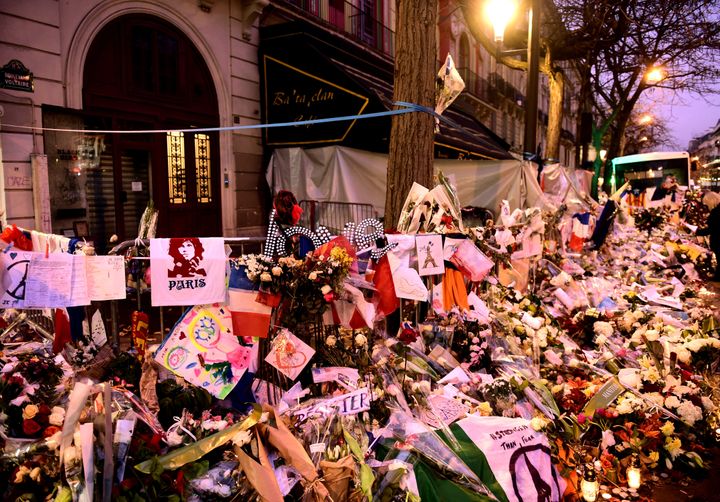 Floral tributes outside the Bataclan Theatre in memory of the Paris attacks