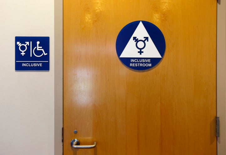 A gender-neutral bathroom is seen at the University of California in Irvine in 2014. The Obama administration is suing North Carolina over its ban of transgender-friendly restrooms.