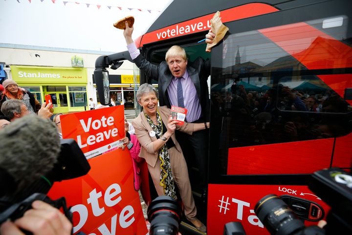 Boris Johnson holds up a Cornish pasty during the launch of the Vote Leave bus campaign, in favour of Britain leaving the European Union, in Truro