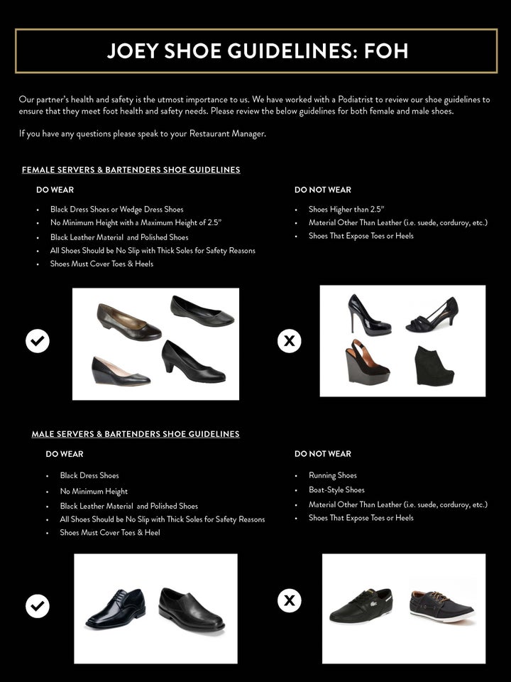 Joey's new shoe guidelines, which the company says were released in March.