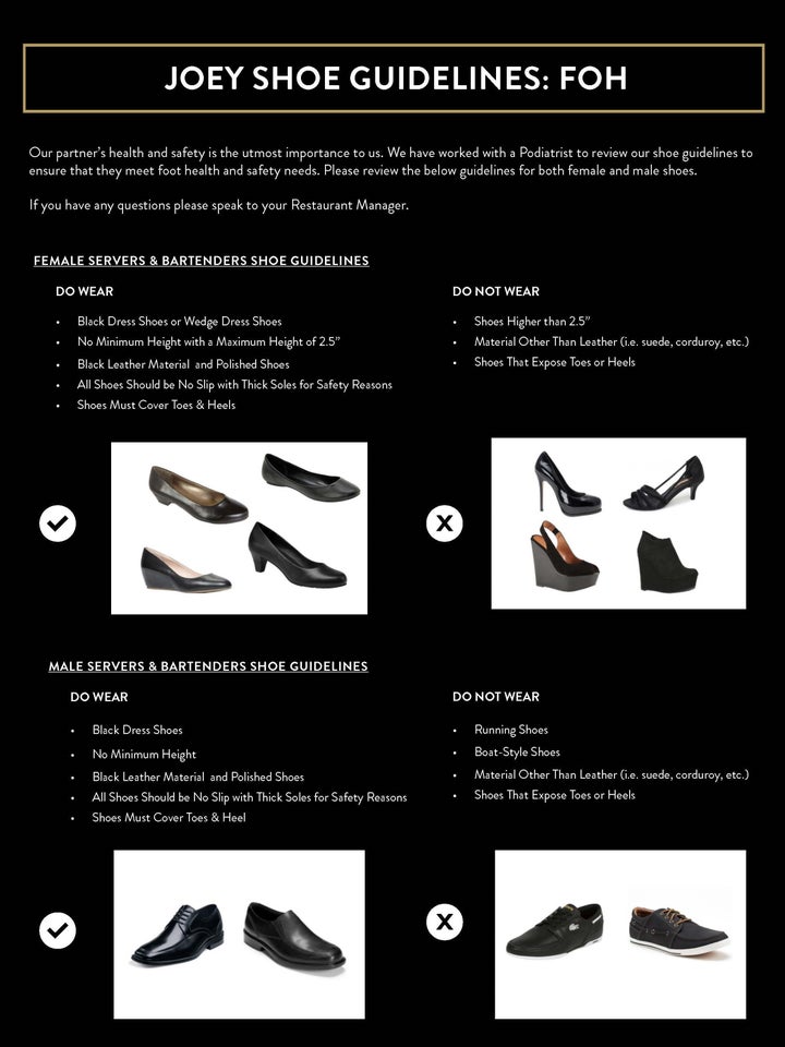 Joey's new shoe guidelines, which the company says were released in March. 