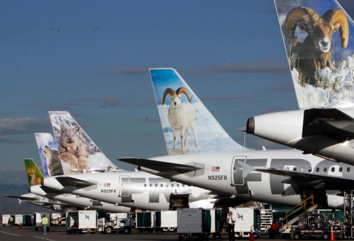 Frontier Airlines planes wait at their gates for the next batch of passengers at the Denver airport August 27, 2009.