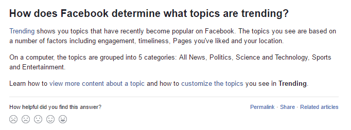 Facebook's help page about Trending Topics, as seen on Thursday.