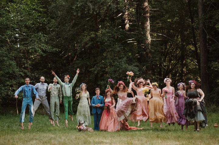 The bridal party in all their rainbow-colored glory. 