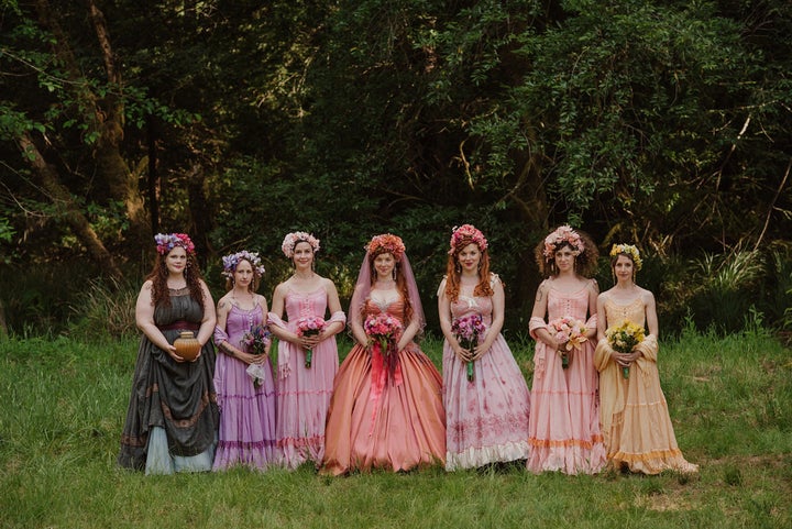 The bride's twin sister created the headdresses for the bridesmaids. 