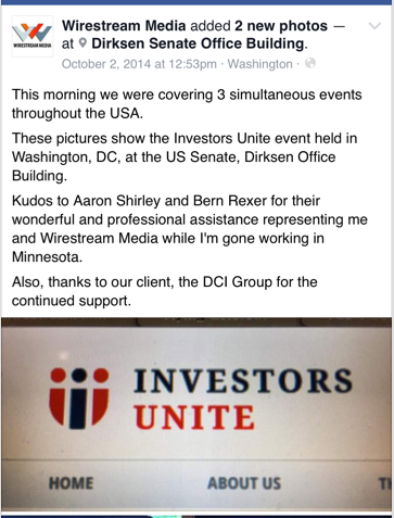 A second Facebook post by Wirestream Media shows DCI Group's involvement&nbsp;with Investors
