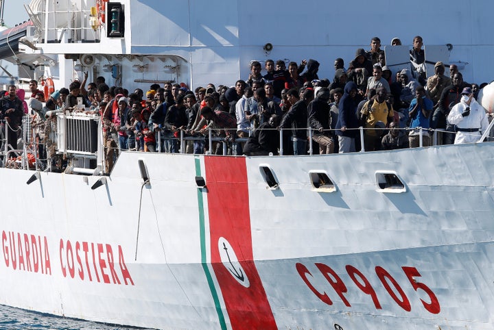 Frontex said was no sign that migrants were shifting routes to Europe, from Greece to Italy, but humanitarian agencies contested that claim. Above, migrants and refugees arrive in Sicily.