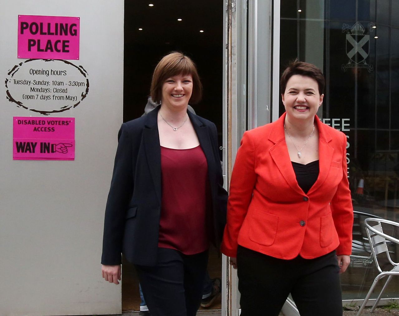 Ruth Davidson makes her way to a polling station in Edinburgh with partner Jen Wilson
