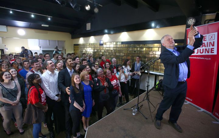 Jeremy Corbyn takes selfies with his audience