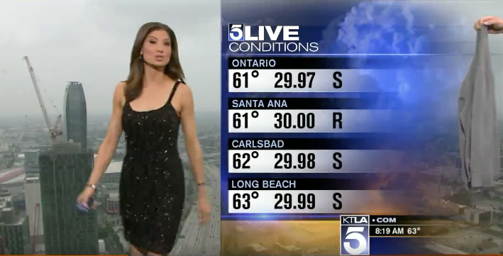 A grey cardigan appears in shot during Liberte Chan's weather report