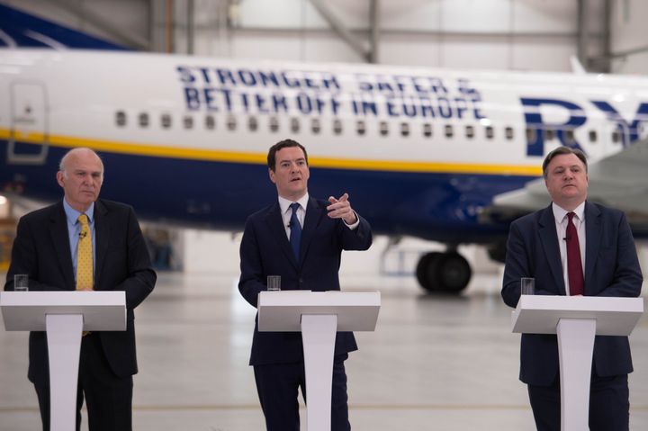 Chancellor of the Exchequer George Osborne (centre) is joined by former adversaries Ed Balls (right) and Sir Vince Cable, in the Ryanair hangar at Stansted Airport