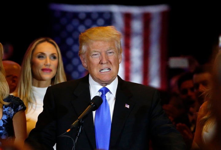 Republican U.S. presidential candidate and businessman Donald Trump speaks to supporters after his rival, Senator Ted Cruz, dropped out of the race following the results of the Indiana state primary, at Trump Tower in Manhattan, New York, U.S., May 3, 2016.