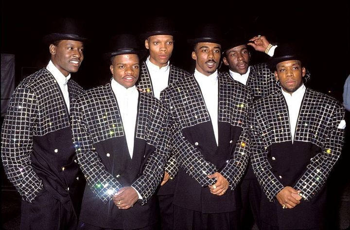 (Left to Right) Johnny Gill, Ricky Bell, Ronnie DeVoe, Ralph Tresvant, Bobby Brown, Michael Bivins of New Edition