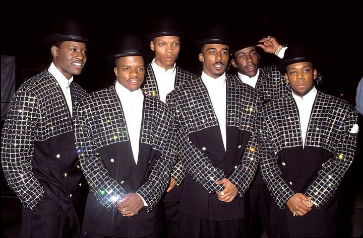 (Left to Right) Johnny Gill, Ricky Bell, Ronnie DeVoe, Ralph Tresvant, Bobby Brown, Michael Bivins of New Edition