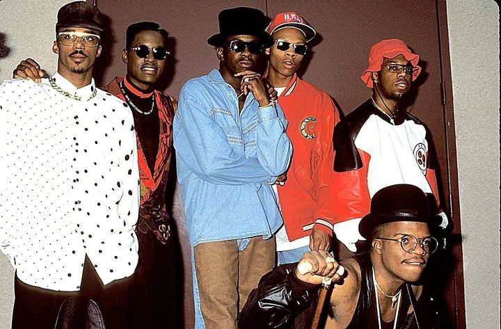 (Left to Right) Ralph Tresvant, Johnny Gill, Bobby Brown, Ronnie DeVoe, Michael Bivins, and Ricky Bell of New Edition