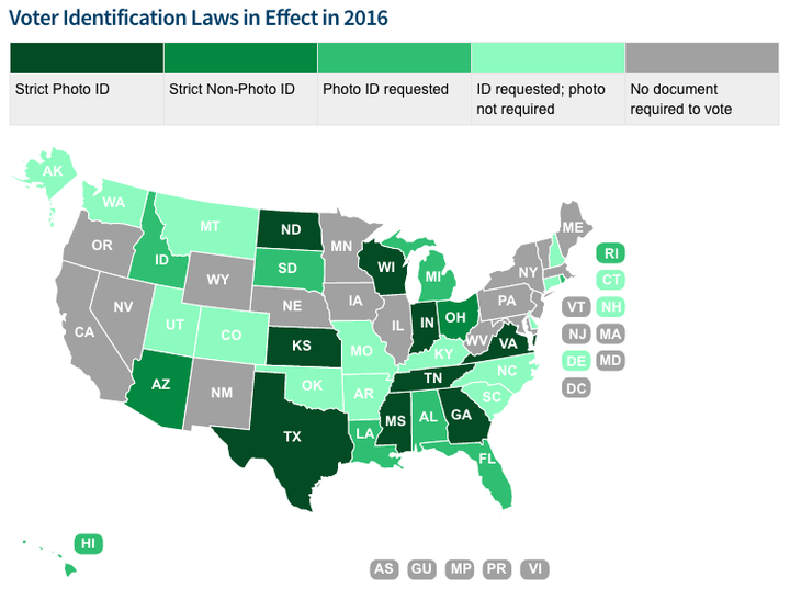 Thirty-three of the 34 state laws requesting or requiring voters to show some form of identification at the polls were enacted this year, according to the <a href="http://www.ncsl.org/research/elections-and-campaigns/voter-id.aspx" target="_blank" role="link" class=" js-entry-link cet-external-link" data-vars-item-name="National Conference of State Legislatures" data-vars-item-type="text" data-vars-unit-name="573a2c72e4b077d4d6f3bfa8" data-vars-unit-type="buzz_body" data-vars-target-content-id="http://www.ncsl.org/research/elections-and-campaigns/voter-id.aspx" data-vars-target-content-type="url" data-vars-type="web_external_link" data-vars-subunit-name="article_body" data-vars-subunit-type="component" data-vars-position-in-subunit="10">National Conference of State Legislatures</a>.
