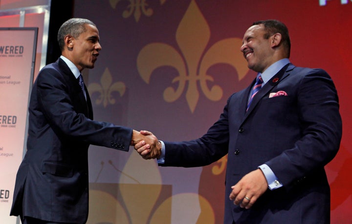 Marc Morial welcomes President Obama at the 2012 National Urban League Conference at the Ernest N. Morial Convention Center in New Orleans.