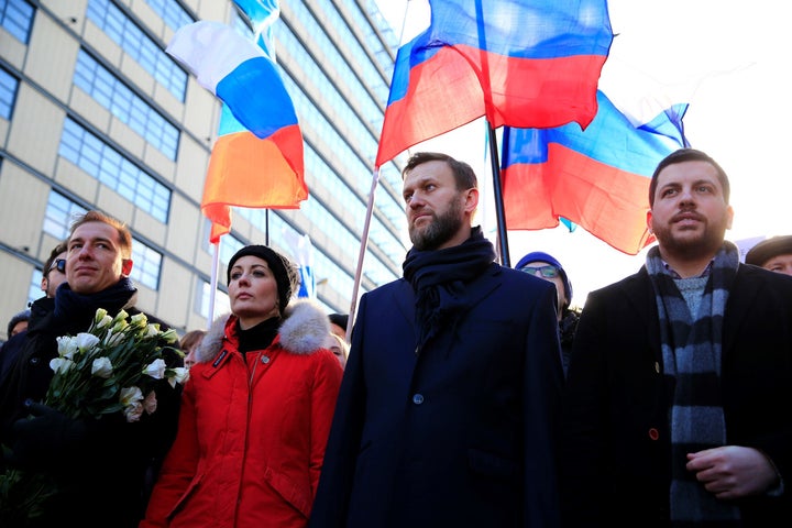 Navalny accused the police of doing nothing to stop the violence and having helped plan the attack. Here, he attends a march on the anniversary of the murder of Russian opposition politician Boris Nemtsov.