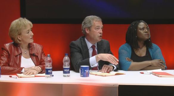 Nigel Farage (centre) and Dreda Say Mitchell (right)