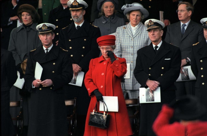 Queen Elizabeth II at the Royal Yacht Britannia's de-commisioning ceremony.