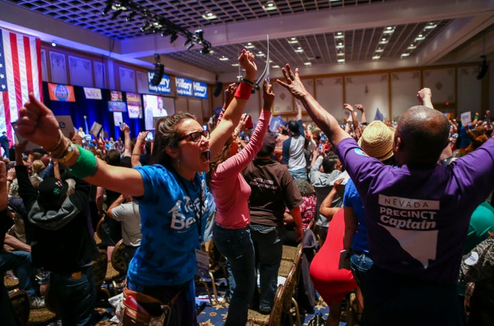 Sanders supporters react during the state Democratic convention in Las Vegas on May 14, 2016.