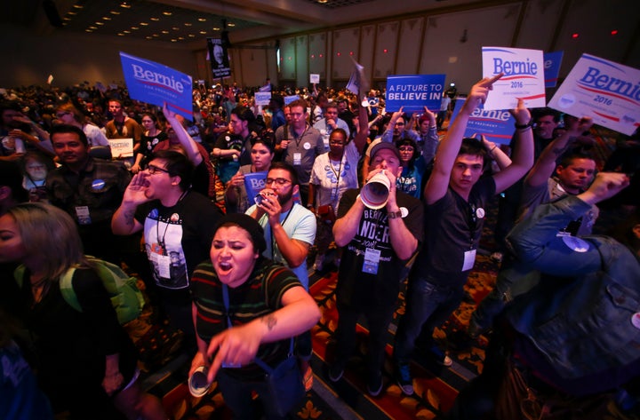 Supporters of Democratic presidential candidate Bernie Sanders react as U.S. Sen. Barbara Boxer (D-Calif.) speaks during the