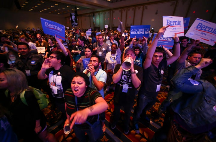 Supporters of Democratic presidential candidate Bernie Sanders react as U.S. Sen. Barbara Boxer (D-Calif.) speaks during the Nevada State Democratic Party's 2016 convention at the Paris Las Vegas Hotel on May 14, 2016.