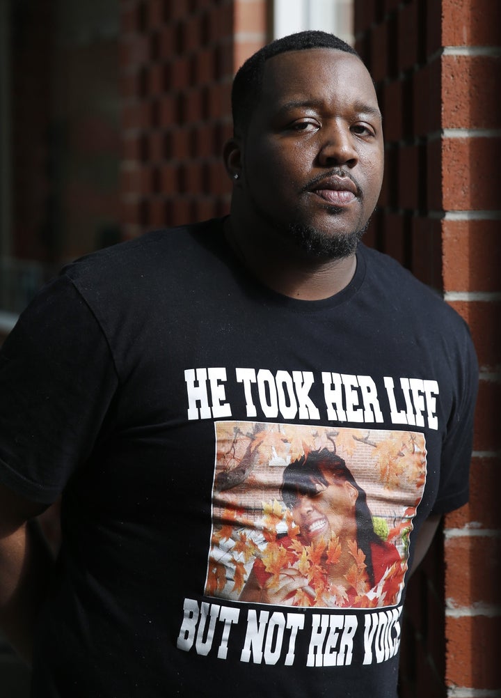 In this Friday, March 4, 2016 photo, Martinez Sutton wears a shirt commemorating his sister, Rekia Boyd, 22, who was shot and killed in 2012 by a Chicago police officer.