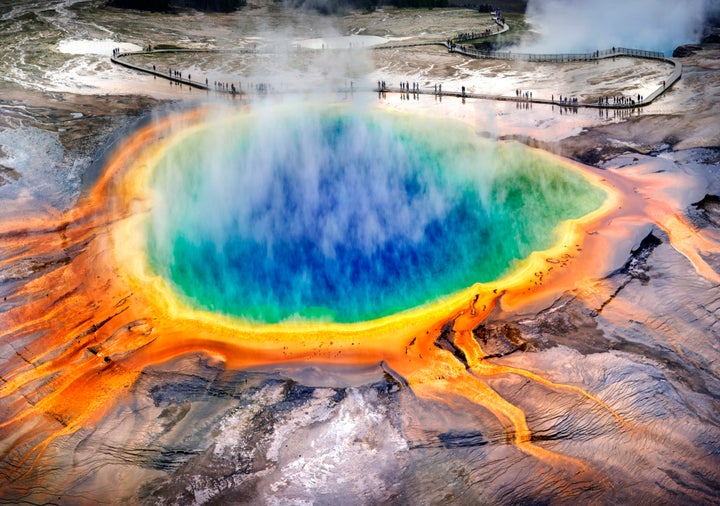 Grand Prismatic Spring at Yellowstone National Park, where three Canadians are facing criminal charges for leaving the boardwalk that protects the spring.
