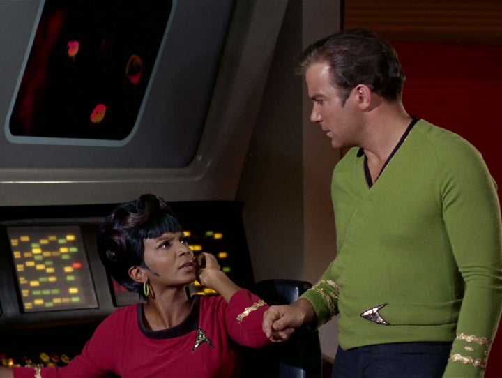 Nichelle Nichols as Lt. Nyota Uhura and William Shatner as Captain James T. Kirk in the Star Trek episode Journey to Babel, originally broadcast on Nov. 17, 1967.