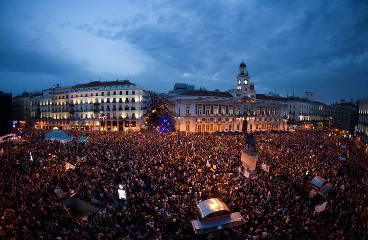 Protesters fill up the Puerta del Sol square during a protest marking the anniversary of Spain's 15-M movement in Madrid's Puerta del Sol, May 12, 2012.