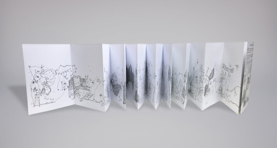 The coloring book unfolds into a continuous nine-foot panel of art.