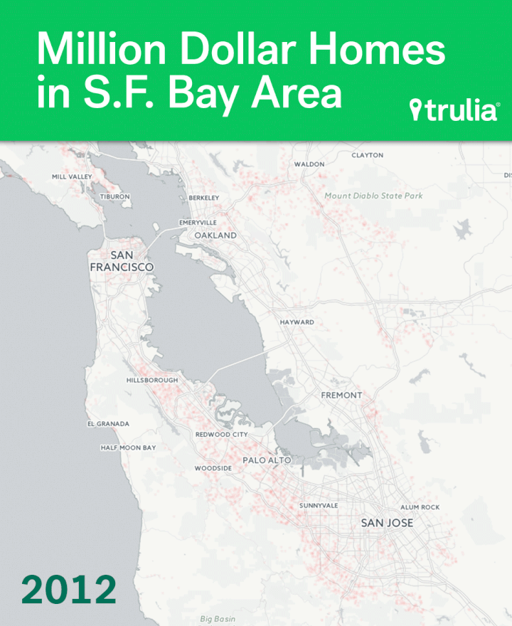 The time lapse map of California's Bay Area shows the rapid increase of homes valued over a million dollars in cities like San Francisco and San Jose, which have seen an influx of wealthier residents thanks to the tech industry.