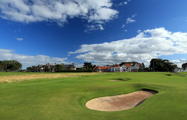 The green on the 18th hole with the clubhouse behind at The Honourable Company of Edinburgh Golfers at Muirfield on August 31