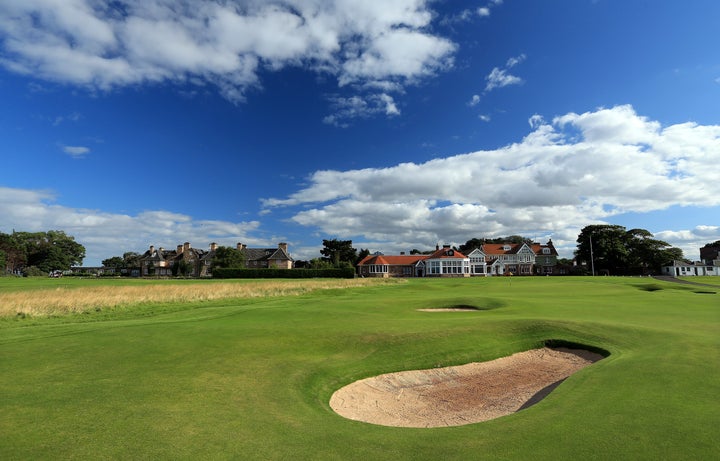 The green on the 18th hole with the clubhouse behind at The Honourable Company of Edinburgh Golfers at Muirfield on August 31, in Gullane, Lothian, Scotland.