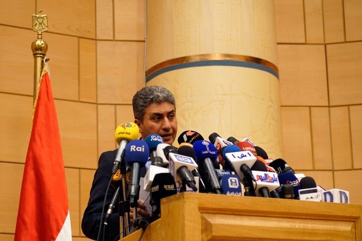 Minister of Civil Aviation Sherif Fathi speaks to the press about EgyptAir Flight MS804 on Thursday in Cairo.