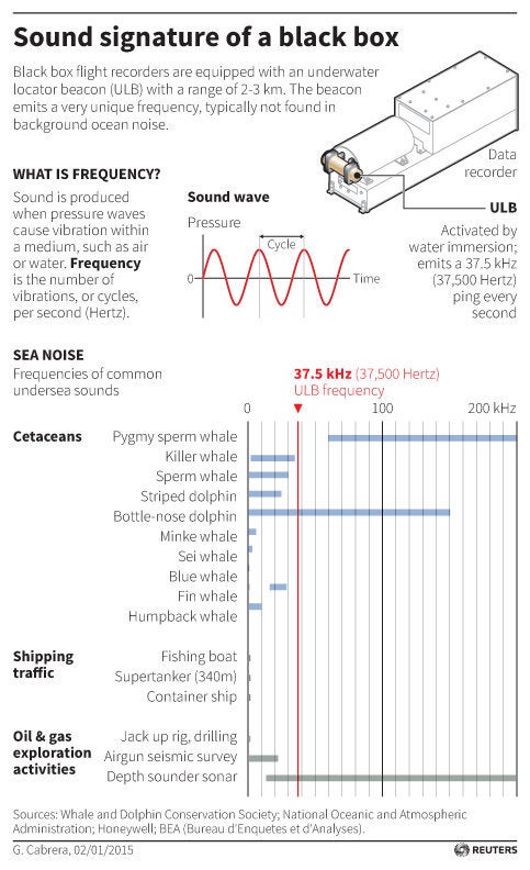 Graphic describing sound frequency and how an Underwater Locator Beacon works. Includes chart with frequencies of common undersea sounds.